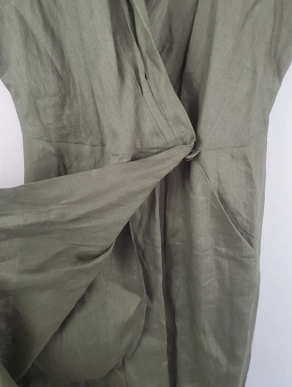 Linen Fairy Tales Linen Olive Green Wrap Linen Dress Womens Size Medium - Picture 6 of 9